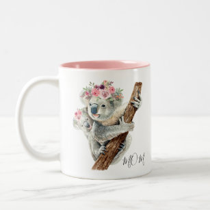 Cute Modern Watercolor Floral Koala Personalized Two-Tone Coffee Mug