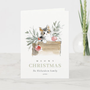 Cute Modern Watercolor Meowy Christmas Box Cat Holiday Card