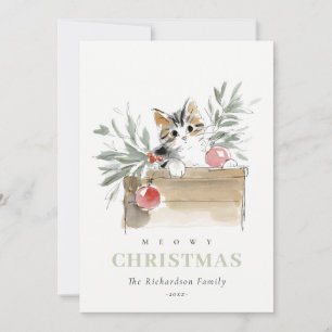 Cute Modern Watercolor Meowy Christmas Box Cat Holiday Card