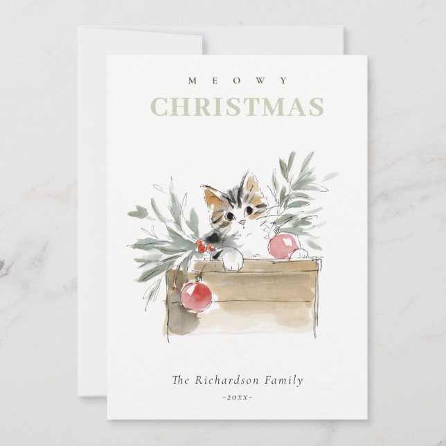Cute Modern Watercolor Meowy Christmas Box Cat Holiday Card (Front)