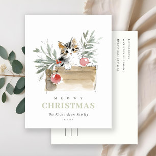 Cute Modern Watercolor Meowy Christmas Box Cat Holiday Postcard