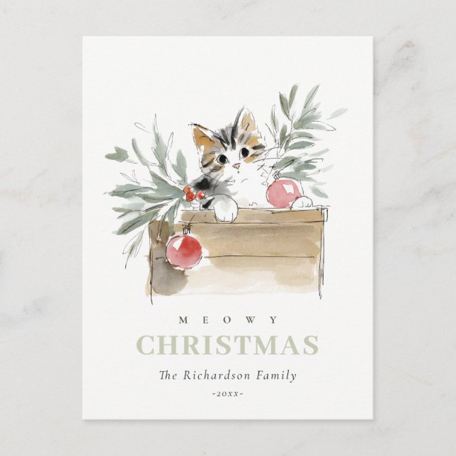Cute Modern Watercolor Meowy Christmas Box Cat Holiday Postcard (Front)