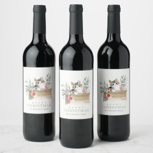 Cute Modern Watercolor Meowy Christmas Box Cat Wine Label
