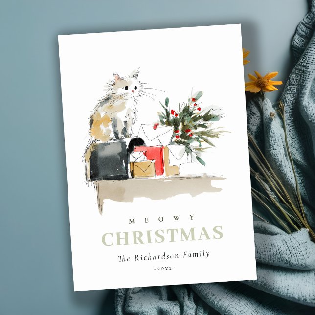 Cute Modern Watercolor Meowy Christmas Gift Cat Holiday Card (Creator Uploaded)