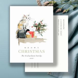 Cute Modern Watercolor Meowy Christmas Gift Cat Holiday Postcard
