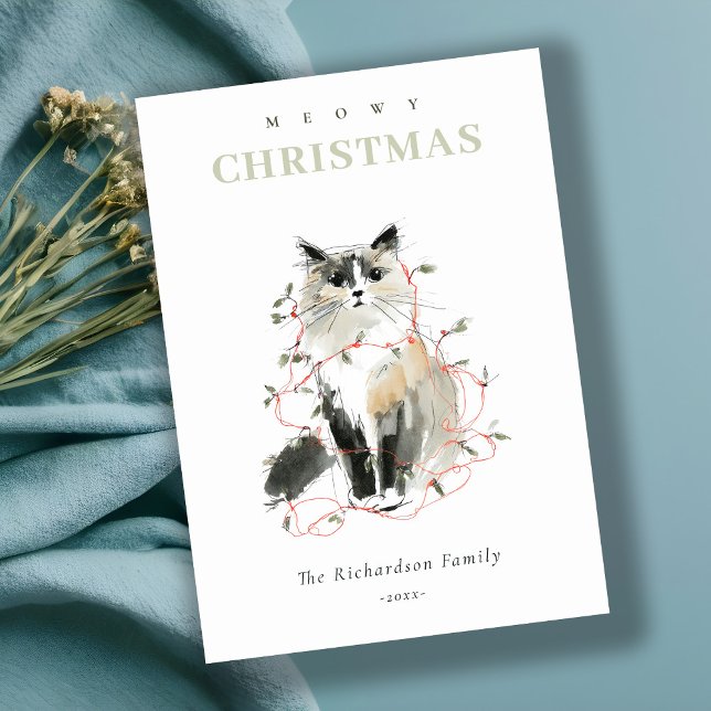 Cute Modern Watercolor Meowy Christmas Lights Cat Holiday Card (Creator Uploaded)
