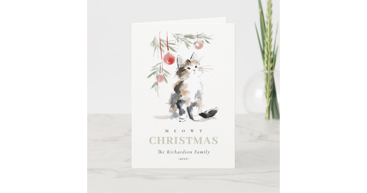 Cute Modern Watercolor Meowy Christmas Tree Cat Holiday Card | Zazzle