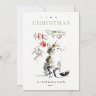 Cute Modern Watercolor Meowy Christmas Tree Cat Holiday Card