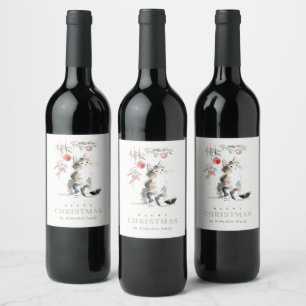 Cute Modern Watercolor Meowy Christmas Tree Cat Wine Label