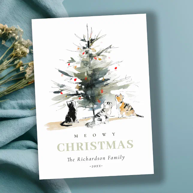 Cute Modern Watercolor Meowy Christmas Tree Cats Holiday Card | Zazzle