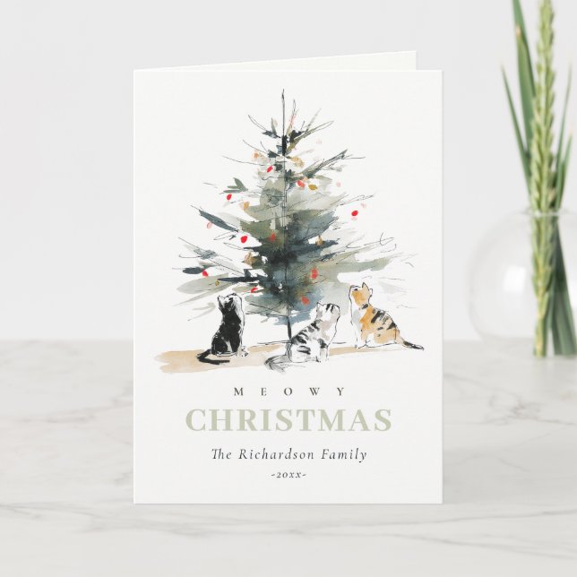 Cute Modern Watercolor Meowy Christmas Tree Cats  Holiday Card (Front)