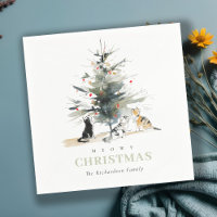 Cute Modern Watercolor Meowy Christmas Tree Cats