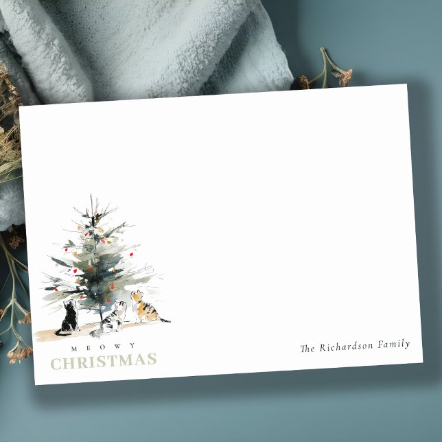 Cute Modern Watercolor Meowy Christmas Tree Cats  Note Card (Creator Uploaded)