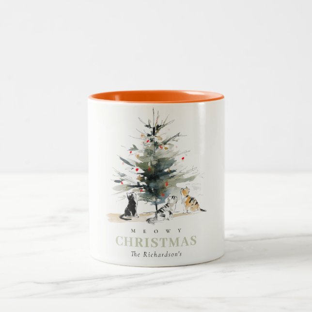 Cute Modern Watercolor Meowy Christmas Tree Cats  Two-Tone Coffee Mug (Center)