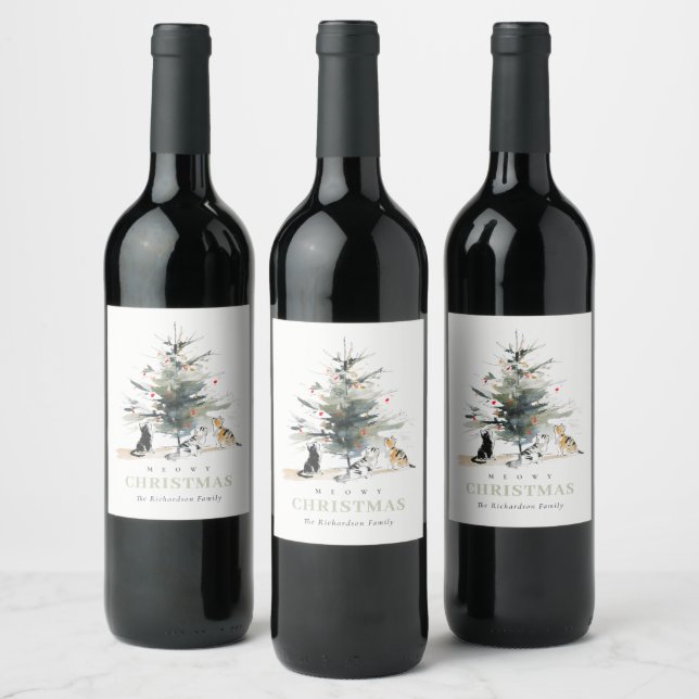 Cute Modern Watercolor Meowy Christmas Tree Cats  Wine Label (Bottles)