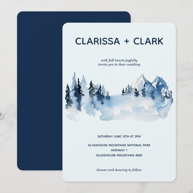 Cute Modern Watercolor Mountain Landscape Wedding Invitation (Front/Back)