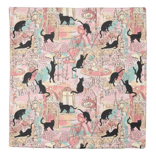 Cute Modern Watercolor Paris Cafe Cat Pattern Duvet Cover