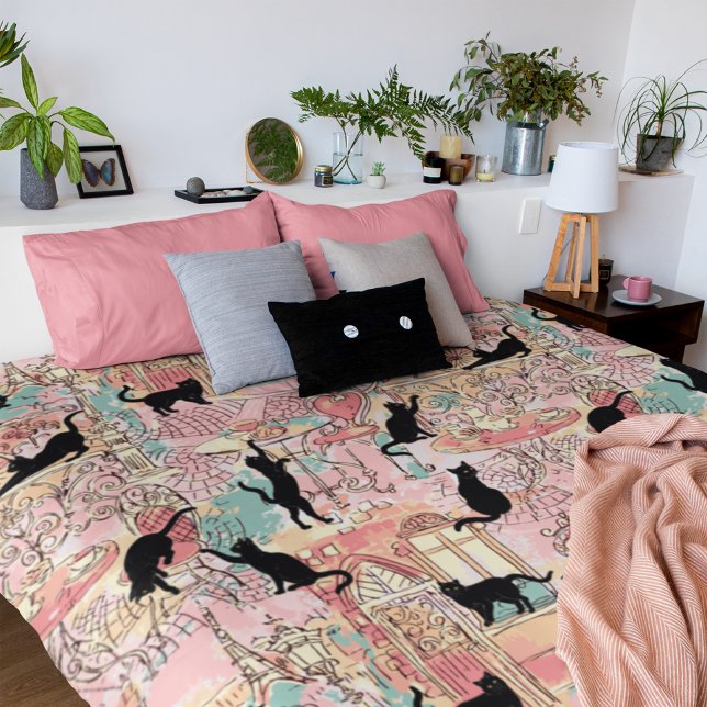 Cute Modern Watercolor Paris Cafe Cat Pattern Duvet Cover (Creator Uploaded)
