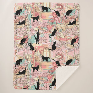 Cute Modern Watercolor Paris Cafe Cat Pattern Sherpa Blanket