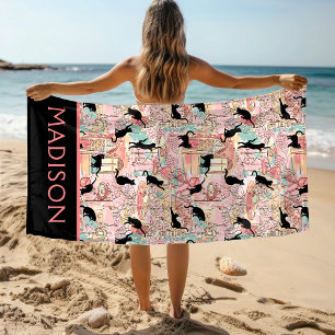 Cute Modern Watercolor Paris Cafe Cat Personalized Beach Towel