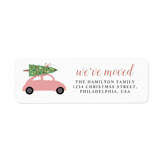 Cute Modern We've Moved Pink Car Christmas Tree Label (Front)
