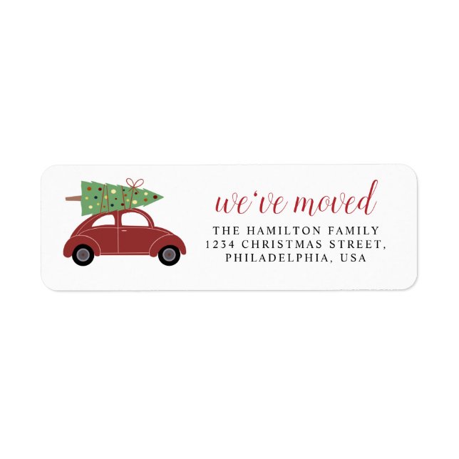 Cute Modern We've Moved Red Car Christmas Tree Label (Front)