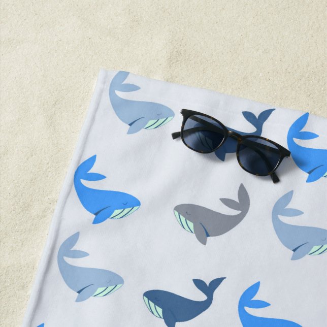 Cute Modern Whale Illustrated Pattern Blue Beach Towel (In Situ)