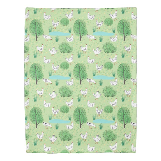 Cute Modern Whimsical Chicken Meadow Green Field Duvet Cover (Front)