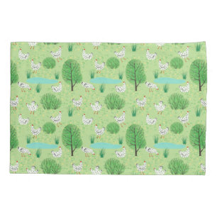 Cute Modern Whimsical Chicken Meadow Green Field Pillow Case