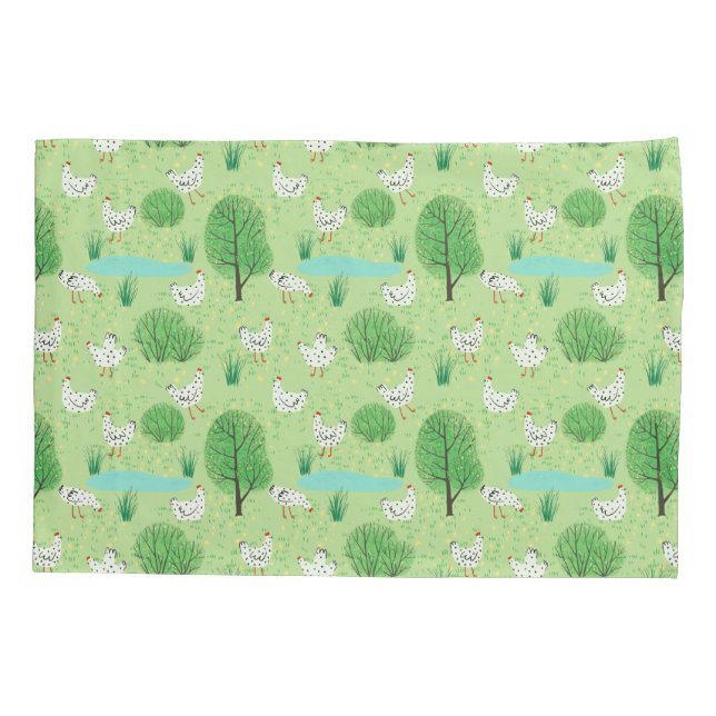 Cute Modern Whimsical Chicken Meadow Green Field Pillow Case (Back)