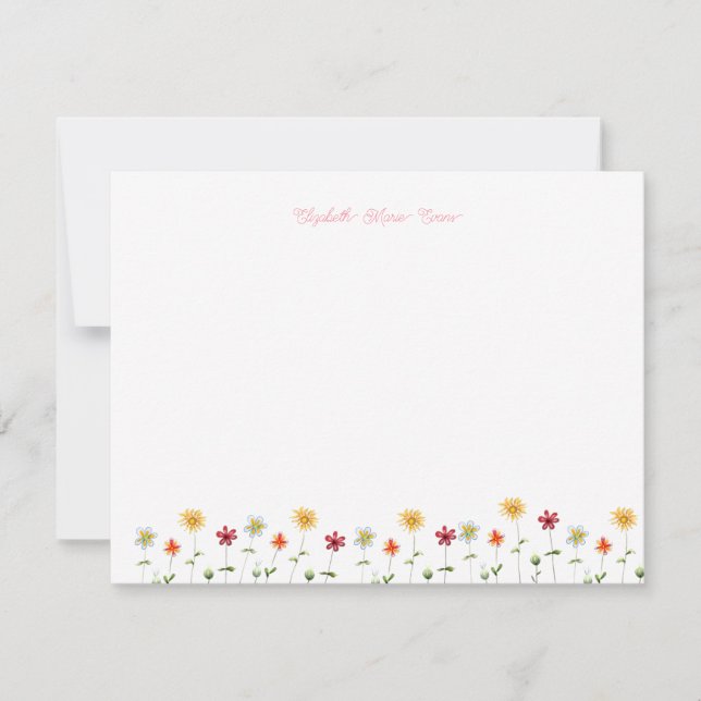 Cute Modern Whimsical Flowers Pattern Pink Girly Note Card (Front)