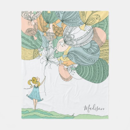 Cute Modern Whimsical Girl Balloons Personalized Fleece Blanket