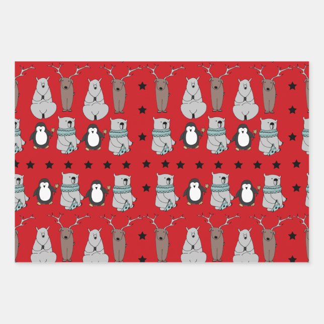 Cute Modern Winter Reindeer Bear Christmas Gift Wrapping Paper Sheets (Front)