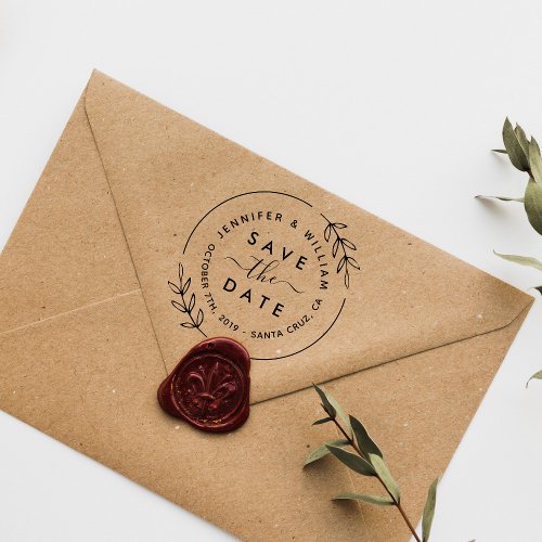 Cute Modern Wreath  Stylish Script Save The Date Rubber Stamp
