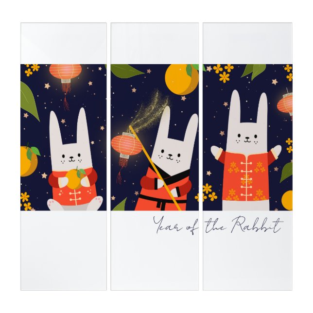 Cute Modern Year of the Rabbit Lunar New Year Triptych (Front)