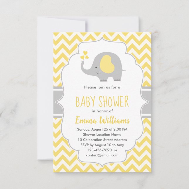 Cute Modern Yellow Gray Elephant Baby Shower Invitation (Front)