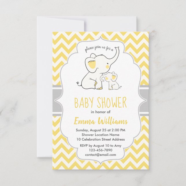 Cute Modern Yellow Grey Elephant Baby Shower Invitation (Front)