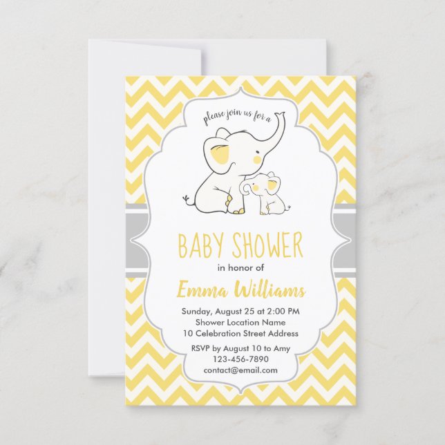 Cute Modern Yellow Grey Elephant Baby Shower Invitation (Front)