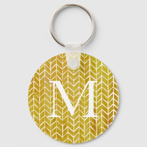 Cute Modern Yellow Herringbone Monogram Name Keychain