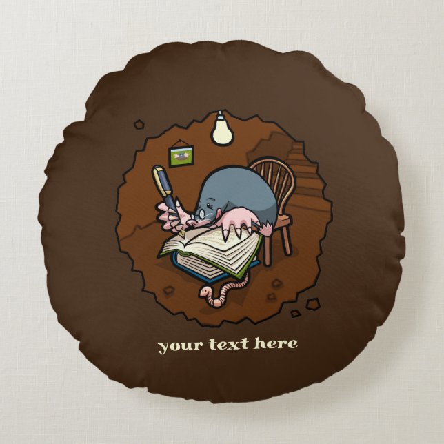 Cute Mole Writer Cartoon Custom Text Writing Gift Round Pillow (Front)
