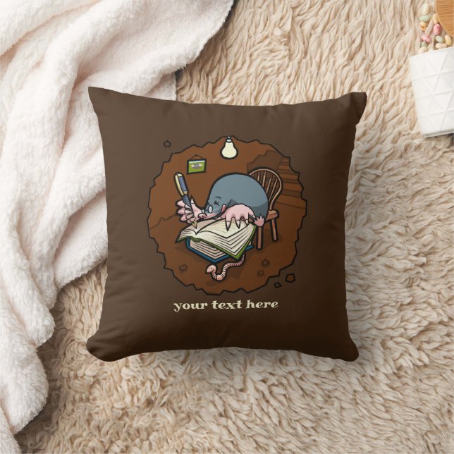 Cute Mole Writer Custom Text Busy Writing Cartoon Throw Pillow (Blanket)