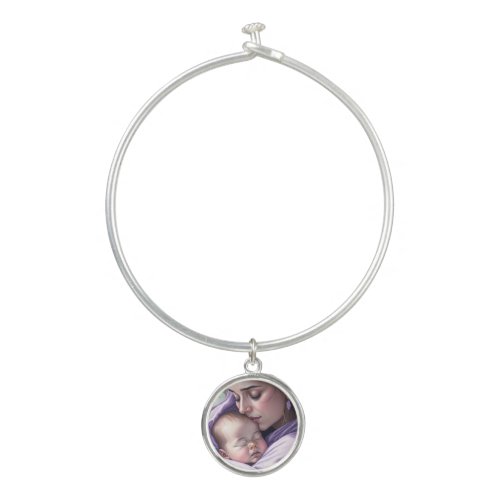 Cute Mom and Baby Bangle Bracelet With Round Charm