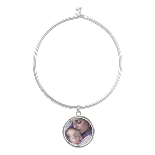 Cute Mom and Baby Bangle Bracelet With Round Charm (Front)