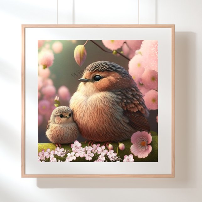 Cute Mom and Baby Bird on a Tree Pink Flowers Art Poster (Creator Uploaded)