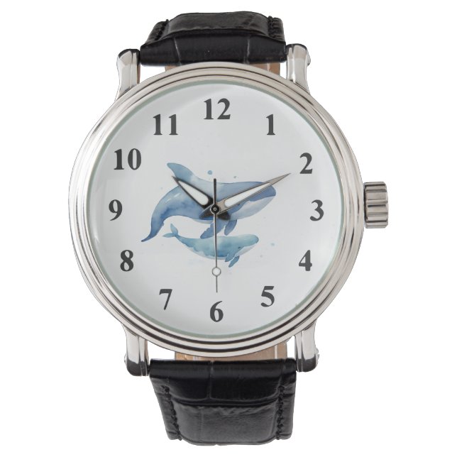 Cute Mom and Baby Blue Whale Watercolor Watch (Front)