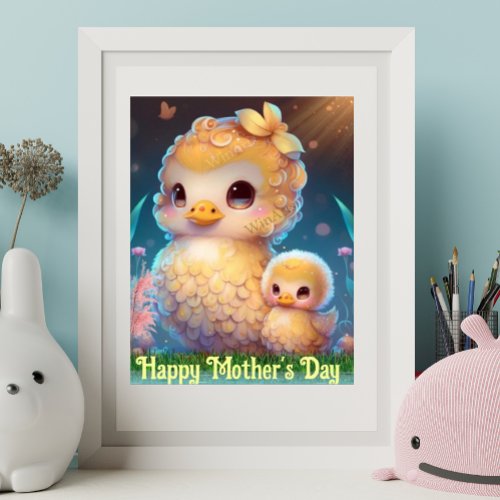 Cute Mom and Baby Duck in Garden Mothers Day Art Poster