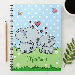 Cute Mom and Baby Elephant, Personalized Notebook