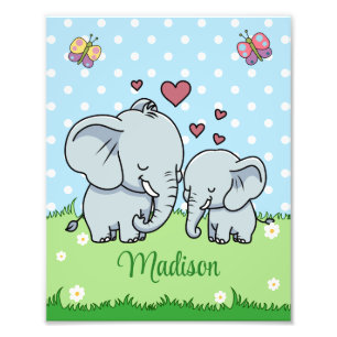 Cute Mom and Baby Elephant, Personalized Photo Print