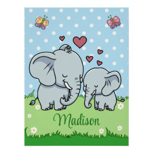 Cute Mom and Baby Elephant, Personalized Poster