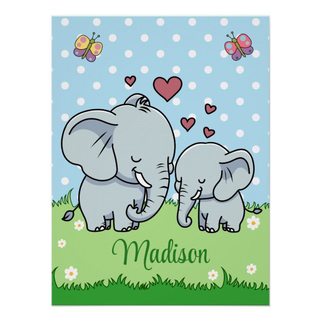 Cute Mom and Baby Elephant, Personalized  Poster (Front)